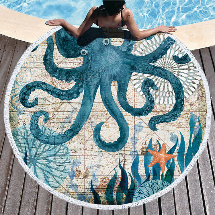 Sea Creature Round Microfiber Towel – Quick-Dry Beach/Bath Towel in Whale, Turtle, Sea Horse & Octopus Designs